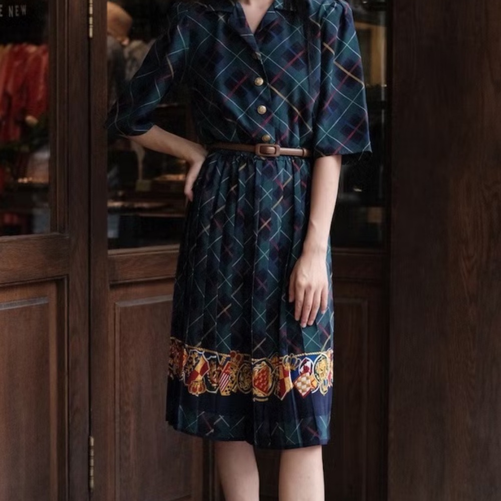 1980s Breli Originals Plaid Secretary Dress with Royal Coat of Arms Gold Trim - Picture 2 of 16